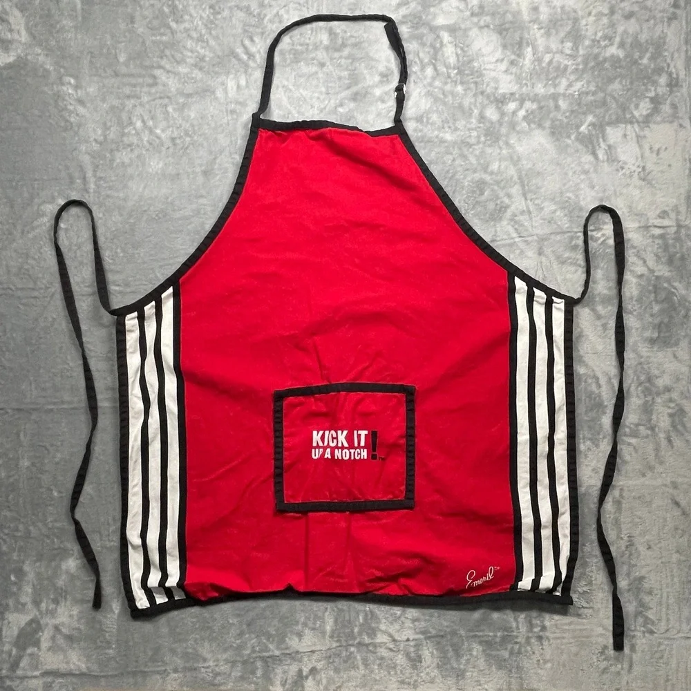 Emeril Lagasse Apron‎ Kick It Up A Notch Red Black White Stripes Pocket